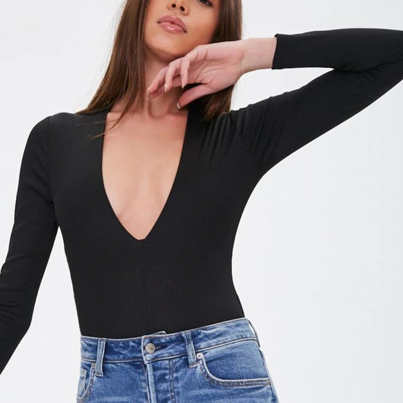 Forever 21 Tops - NWT Black Plunging Ribbed Bodysuit